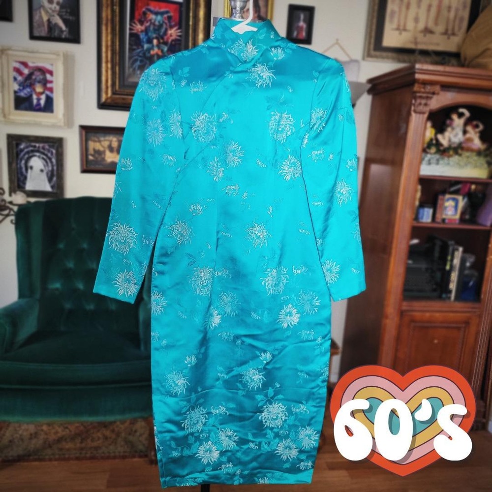 Cheongsam Qipao Dress Vintage 1960s Teal Silk Brocade Floral Mod Wiggle Small